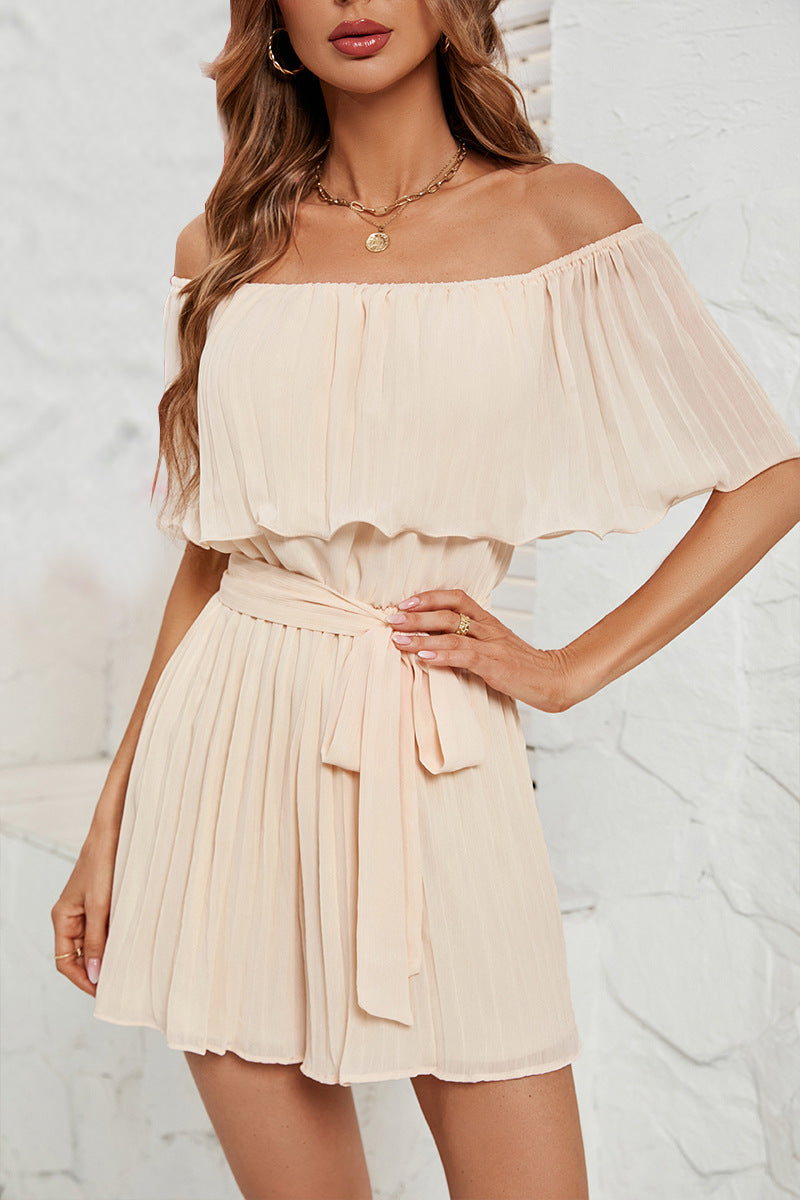 Damen Off-Shoulder Playsuit mit fließenden Falten und tailliertem Gürtel Heidi-Mode