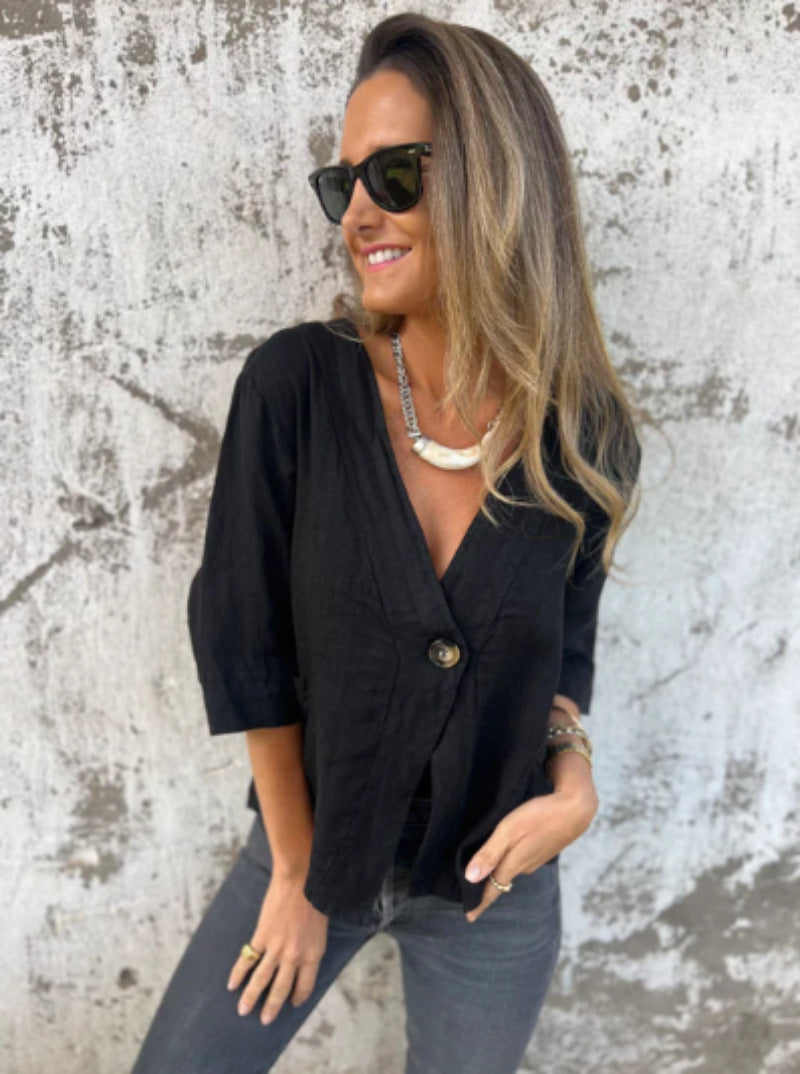 Damen Leichtes Leinenblazer mit kurzer Arm Heidi-Mode