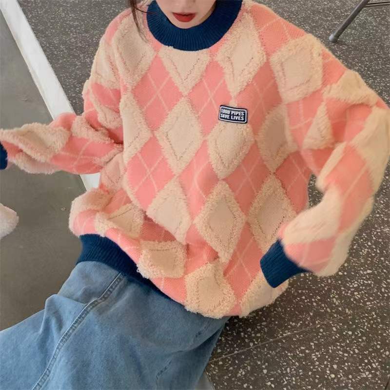 Damen Flauschiger Pullover mit modernem Rhombenmuster und lässigem Schnitt Heidi-Mode