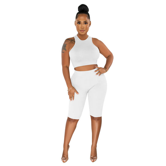 Damen Zweiteiliges Sport-Set mit hochgeschlossenem Top und figurbetonten Radlerhosen Heidi-Mode