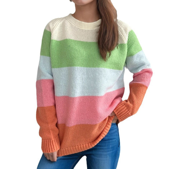 Damen lässiger Strickpullover mit bunten Blockstreifen und weitem Schnitt Heidi-Mode