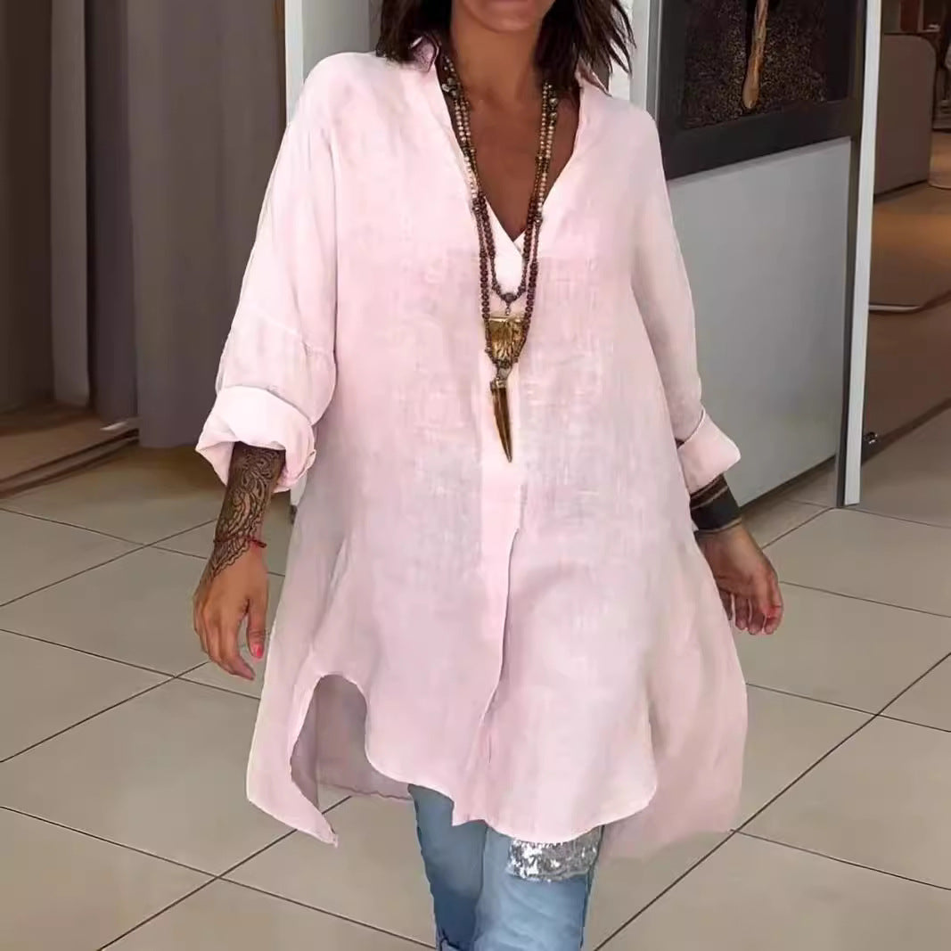 Damen Lässige Leinenbluse mit durchgehender Knopfleiste und umschlagbaren Ärmeln Heidi-Mode