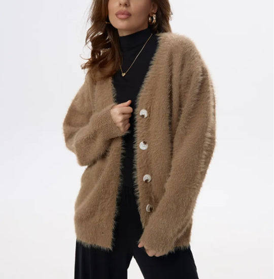 Damen Flauschiger Cardigan mit Perlknöpfen und lockerer Passform Heidi-Mode