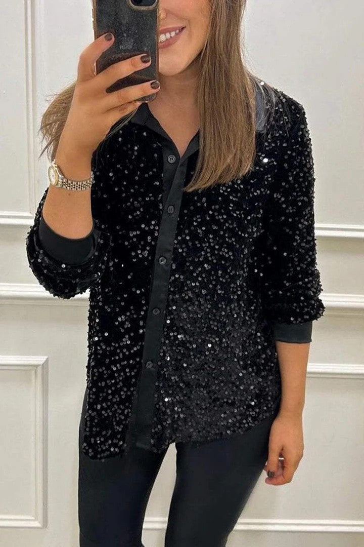 Damen Glitzernde Bluse aus Pailletten mit klassischem Kragen Heidi-Mode