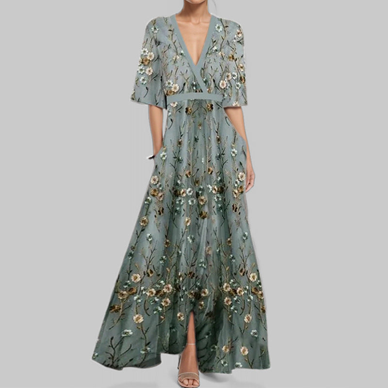 Heidi-Mode | Elegantes V-Ausschnitt Bedrucktes Taillenkleid mit Schößchen
