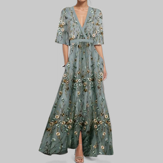 Heidi-Mode | Elegantes V-Ausschnitt Bedrucktes Taillenkleid mit Schößchen