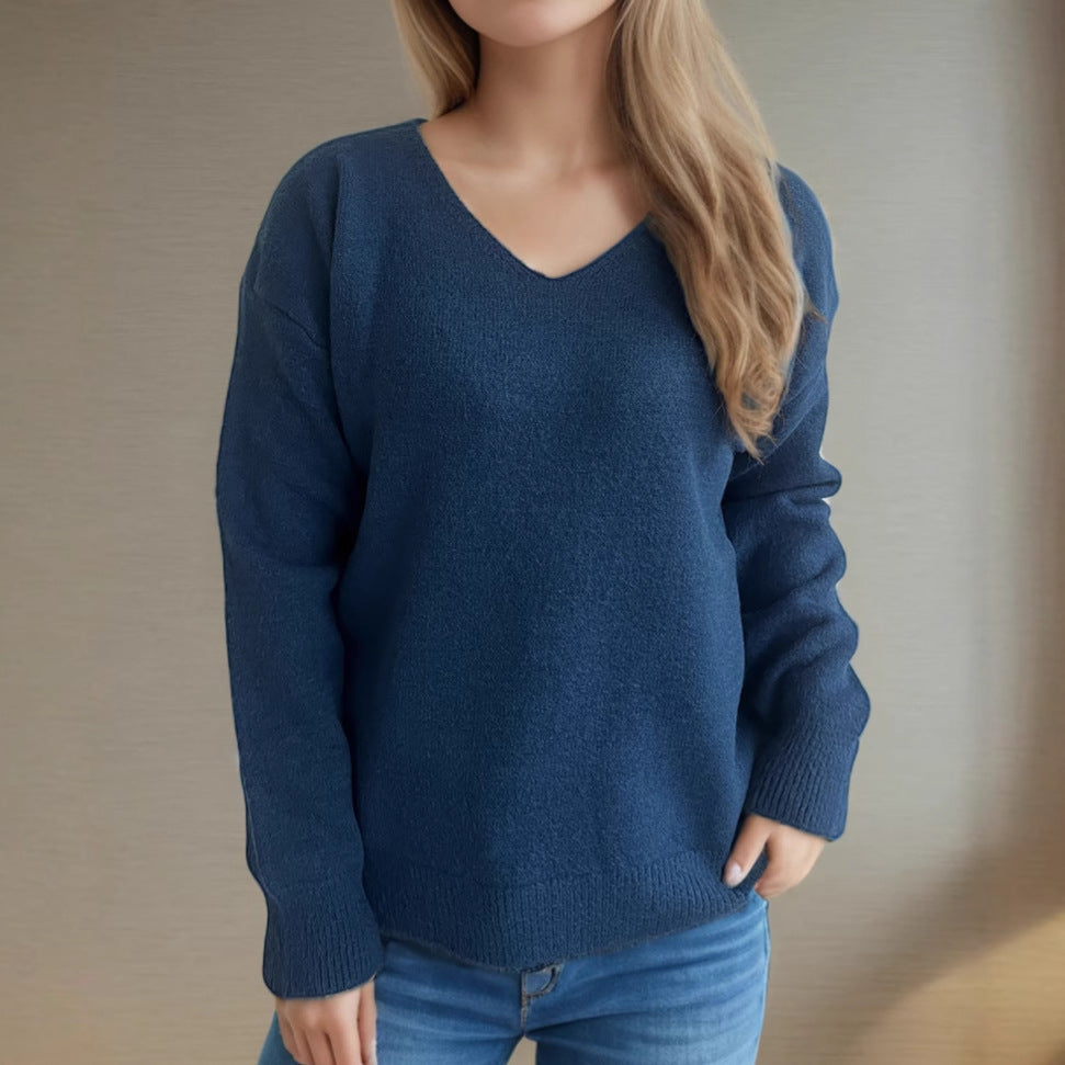 Damen lässiger V-Ausschnitt Pullover mit modernem Strukturdesign Heidi-Mode