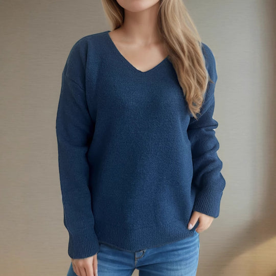 Damen lässiger V-Ausschnitt Pullover mit modernem Strukturdesign Heidi-Mode