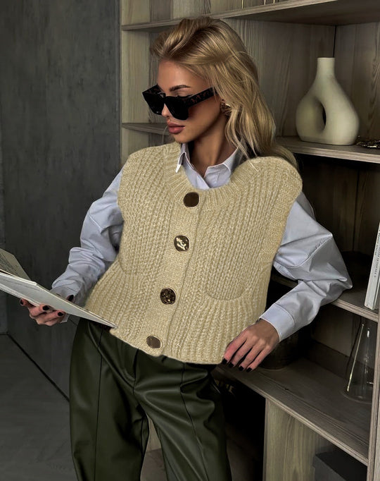Damen Strickweste mit Knopfdetaillierung und praktischen Taschen Heidi-Mode