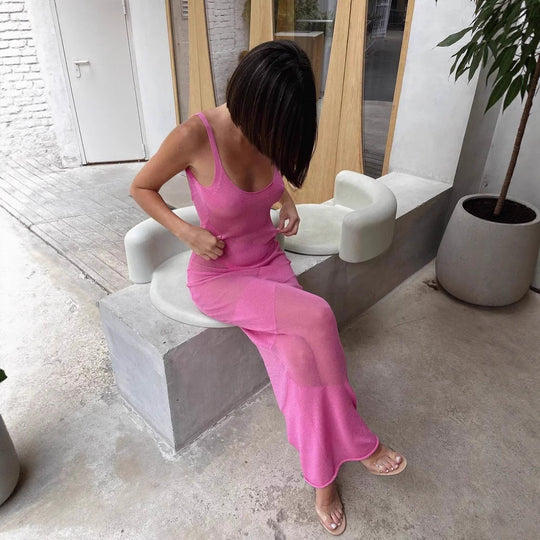 Damen Maxikleid aus transparentem Strickmaterial mit feinster Rippstruktur Heidi-Mode