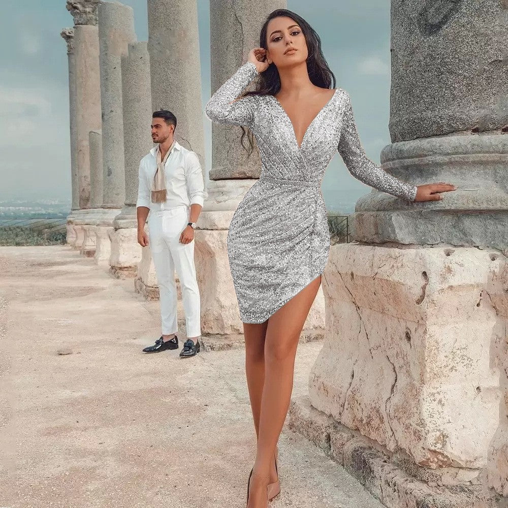 Damen Figurbetontes Glitzerkleid mit tiefem V-Ausschnitt und asymmetrischem Saum Heidi-Mode