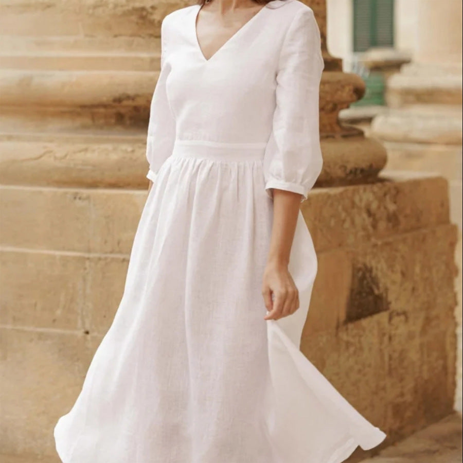 Damen Leinenkleid mit elegantem V-Ausschnitt und lockerem Schnitt Heidi-Mode