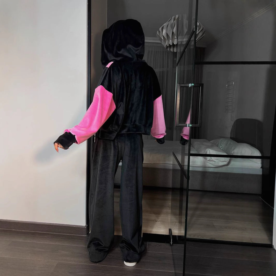 Damen sportlicher Velours-Look-Hoodie mit durchgehendem Reißverschluss und weiten Ärmeln Heidi-Mode