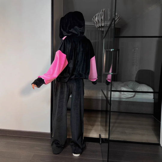Damen sportlicher Velours-Look-Hoodie mit durchgehendem Reißverschluss und weiten Ärmeln Heidi-Mode