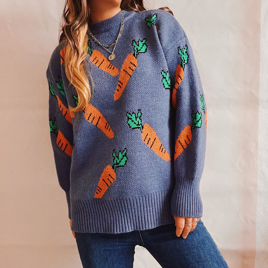 Damen lässiger Pullover mit buntem Karottenmotiv Heidi-Mode
