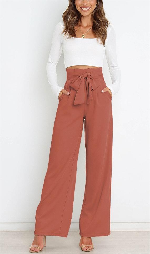 Damen Weit geschnittene High-Waist-Hose mit Binde-Gürtel und Taschen Heidi-Mode