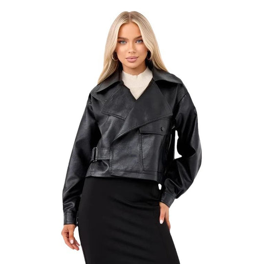 Damen Cropped Bikerjacke aus Kunstleder mit oversized Schnitt und strukturierten Details Heidi-Mode