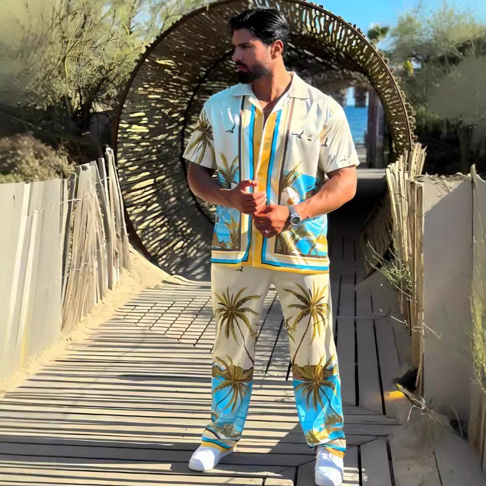 Herren Strandhemd und Hose im tropischen Palmen-Design mit kurzärmligem Schnitt Heidi-Mode
