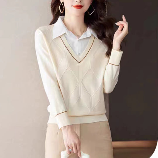 Damen gestrickter Pullover mit v-ausschnitt und strukturiertem Diamantmuster Heidi-Mode