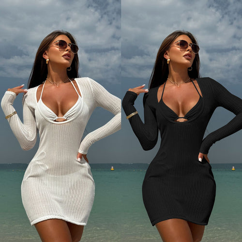 Damen Beachkleid im modernen Strickdesign mit tiefem Ausschnitt Heidi-Mode