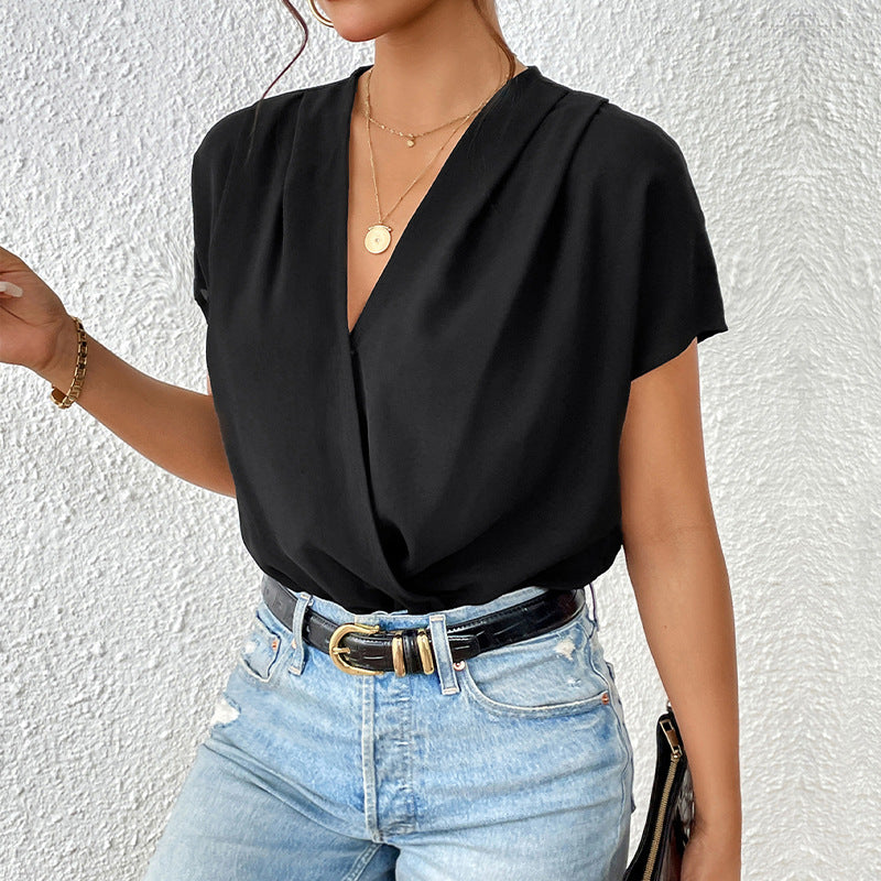 Damen Body mit eleganter Wickeloptik und kurzen Ärmeln Heidi-Mode