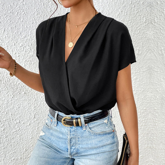 Damen Body mit eleganter Wickeloptik und kurzen Ärmeln Heidi-Mode