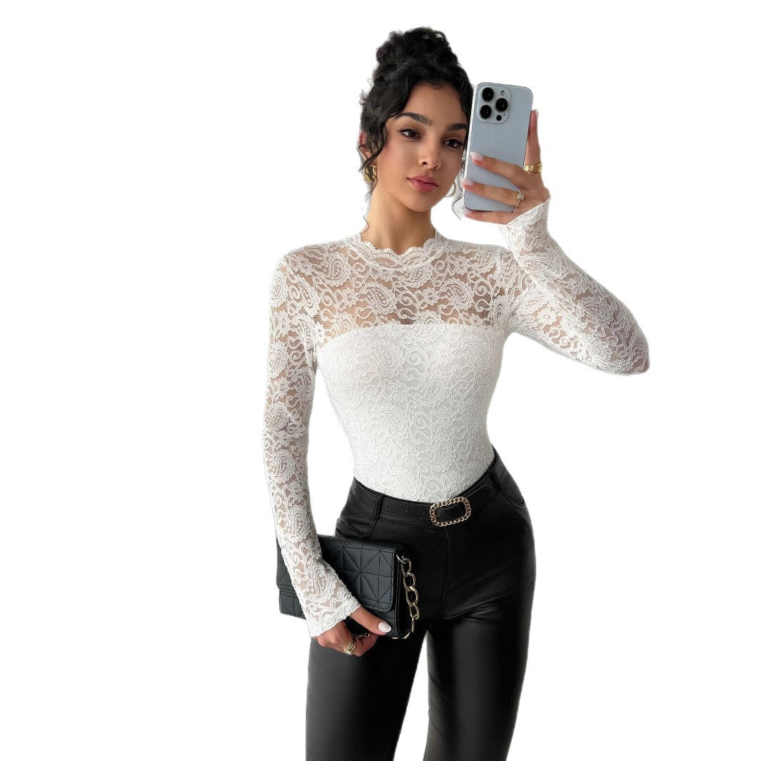 Damen Spitzenshirt mit elegantem hohem Kragen und langem Arm Heidi-Mode