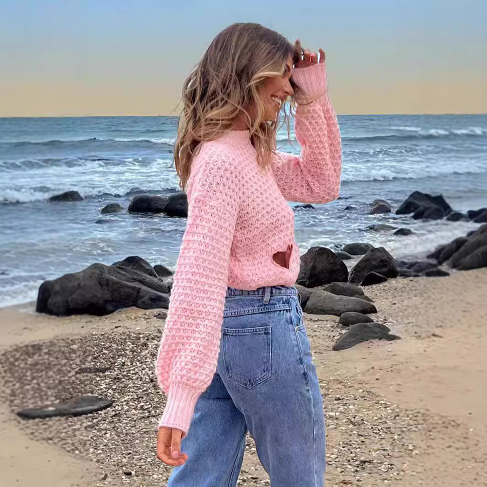 Damen Grob gestrickter Pullover mit Herzverzierungen und lockerem Schnitt Heidi-Mode