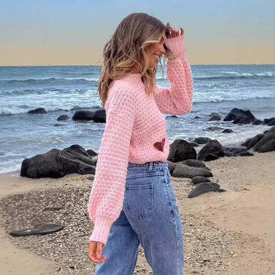 Damen Grob gestrickter Pullover mit Herzverzierungen und lockerem Schnitt Heidi-Mode