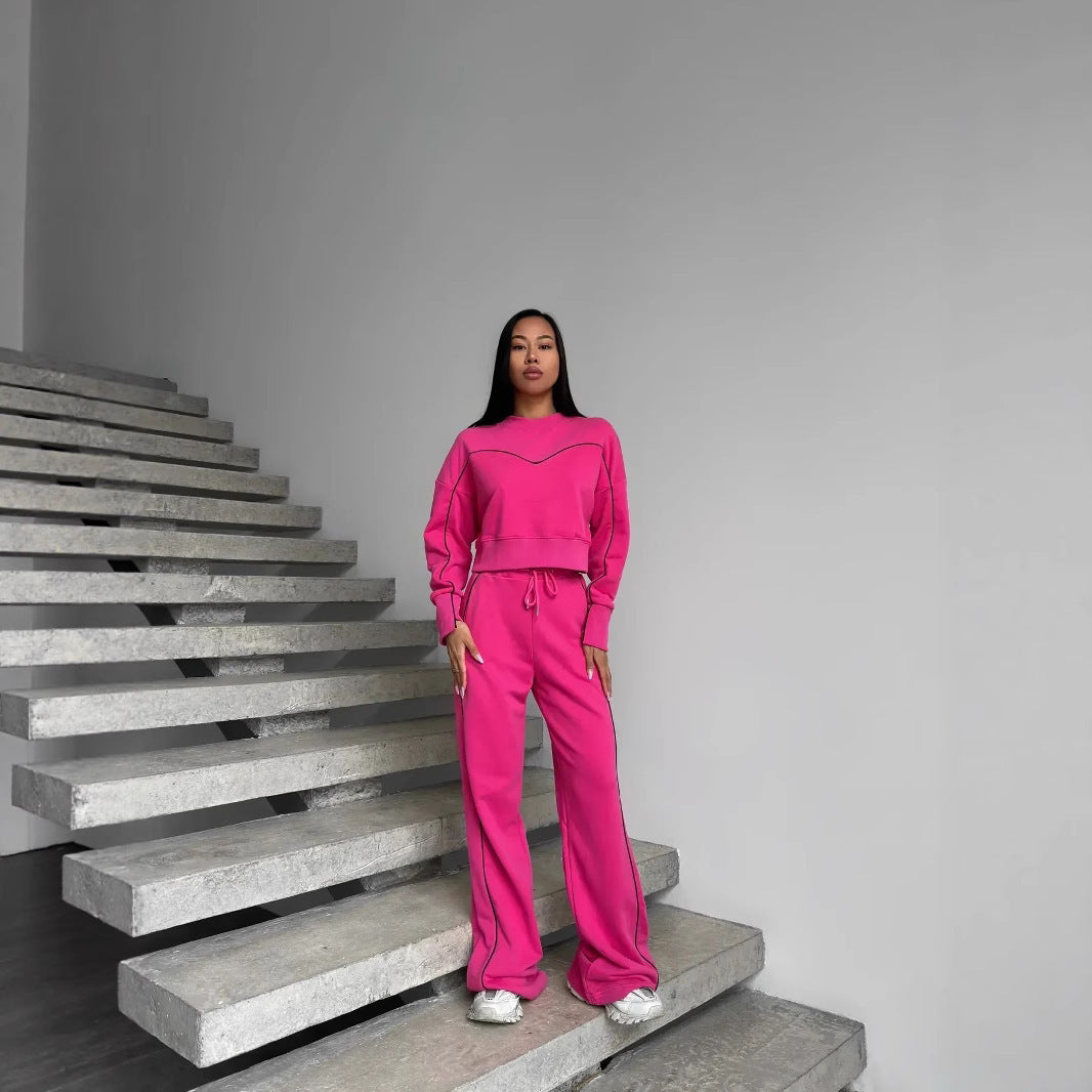 Damen lässiges Fleece-Set mit gemütlichem cropped Oberteil und weiten Hosen Heidi-Mode