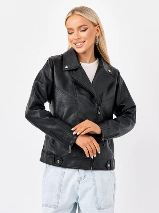 Damen hochwertige Kunstlederjacke im Biker-Stil mit asymmetrischem Reißverschluss Heidi-Mode