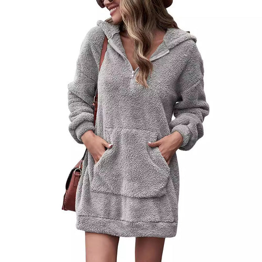 Damen Fleece-Kapuzenkleid mit Taschen und Reißverschluss Heidi-Mode