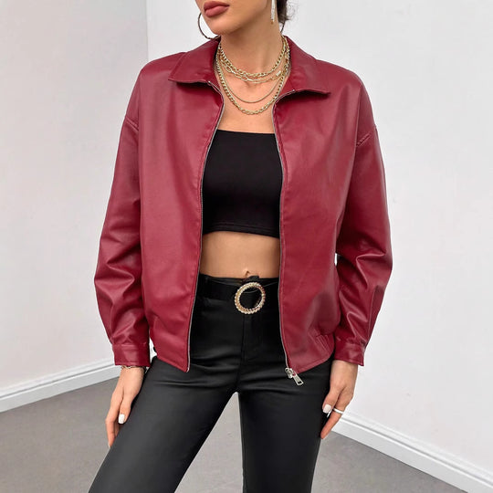 Damen trendige Kunstlederjacke im modernen Schnitt mit lässigem Reißverschluss Heidi-Mode