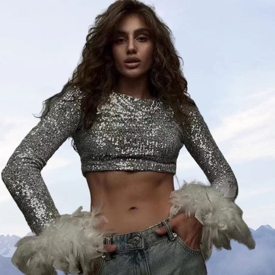Damen Cropped Oberteil mit funkelndem Paillettenbesatz und fluffigen Ärmelbündchen Heidi-Mode