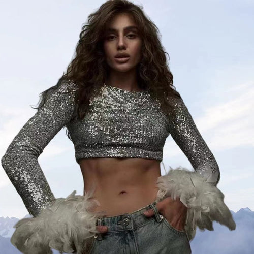 Damen Cropped Oberteil mit funkelndem Paillettenbesatz und fluffigen Ärmelbündchen Heidi-Mode