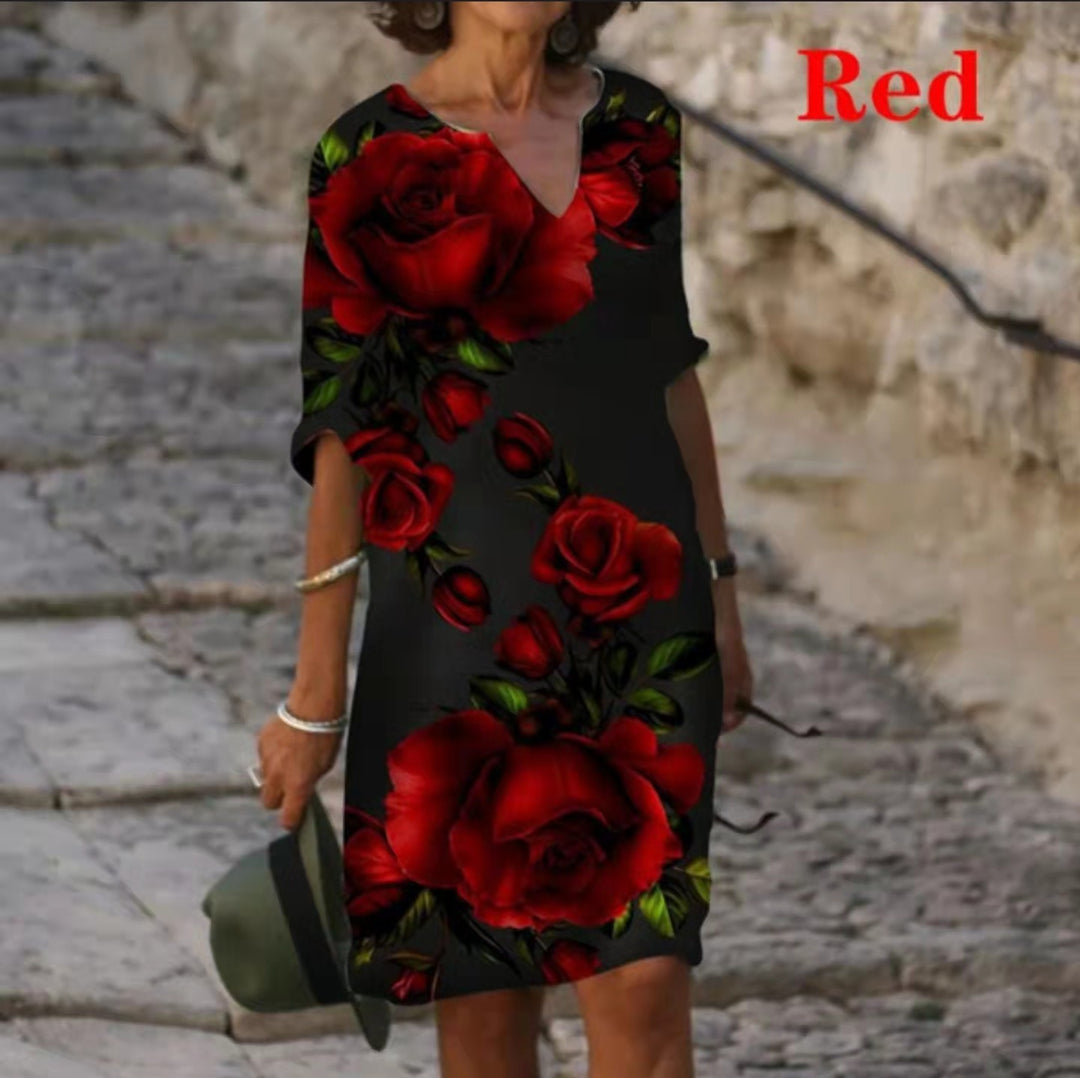 Damen Floral Druck Midi Kleid mit V-Ausschnitt und kurzen Ärmeln Heidi-Mode