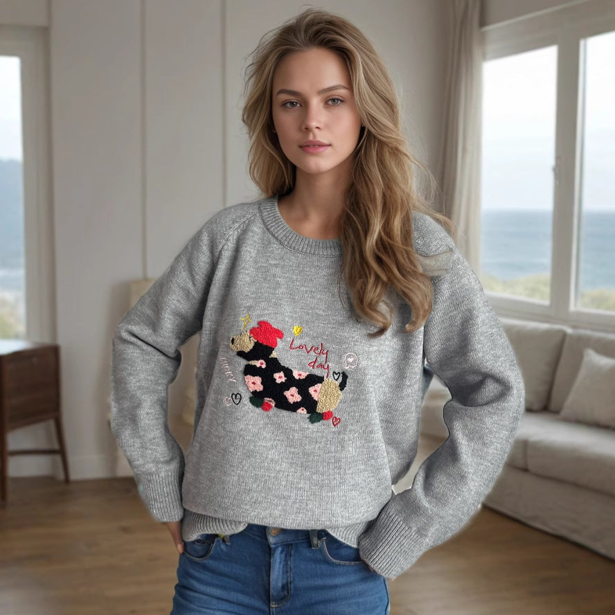 Damen Pullover mit tierischem Motiv und dekorativen Stickereien Heidi-Mode