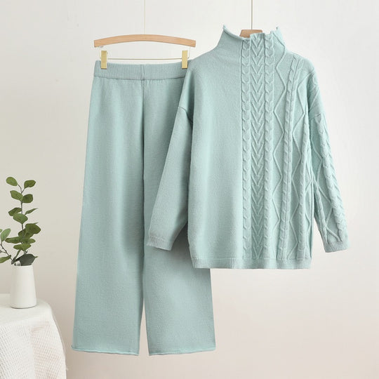 Damen gemütliches Strick-Loungewear-Set mit hochgeschlossenem Kragen Heidi-Mode
