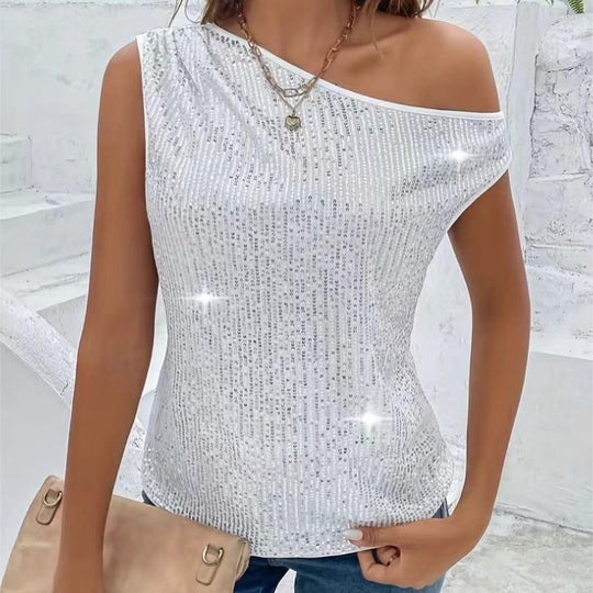 Damen Glitzerndes One-Shoulder Oberteil mit feinen Strassdetails Heidi-Mode