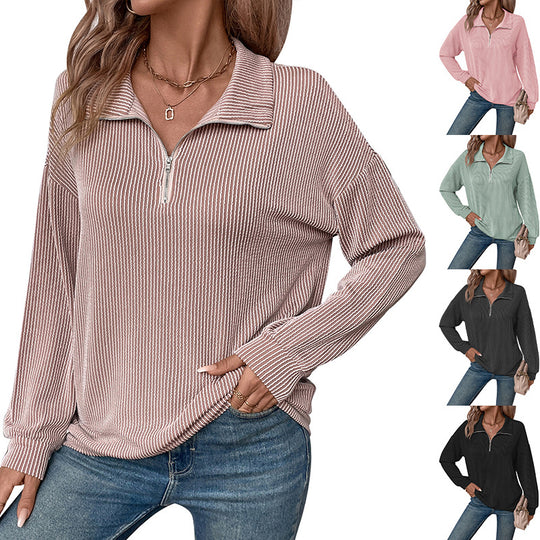 Damen lässiger Pullover mit Reißverschluss und gestreiftem Design Heidi-Mode