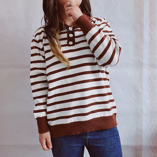 Damen legerer Streifenpullover mit Knopfleiste und weitem Schnitt Heidi-Mode