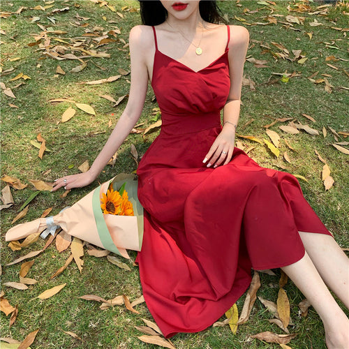 Heidi-Mode | Französisches Retro Satin V-Ausschnitt Roter Sling Urlaubskleid