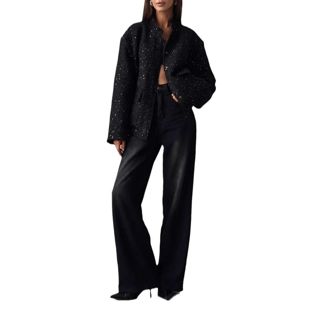 Damen Glitzerjacke mit praktischen Taschen und elastischem Saum Heidi-Mode