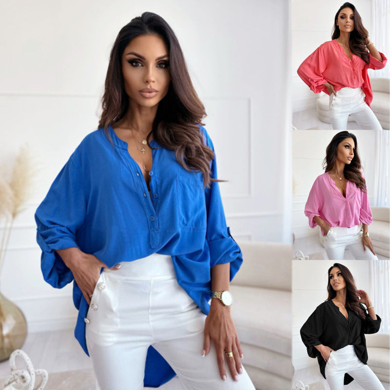 Femme Leichte Button-Up Bluse mit hochkrempelbaren Ärmeln Heidi-Mode
