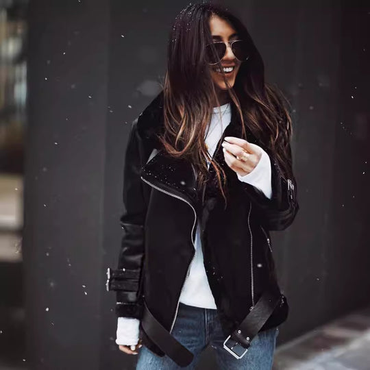 Damen modische jacke mit Kunstfellkragen und asymmetrischem Reißverschluss Heidi-Mode