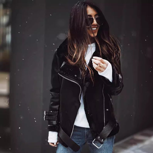 Damen modische jacke mit Kunstfellkragen und asymmetrischem Reißverschluss Heidi-Mode