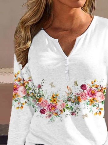 Damen Langarmshirt mit floralem Motiv und Knopfdetails Heidi-Mode