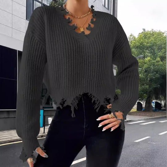 Damen Oversized Strickpullover mit fransigem Saum und raffiniertem Ausschnitt Heidi-Mode