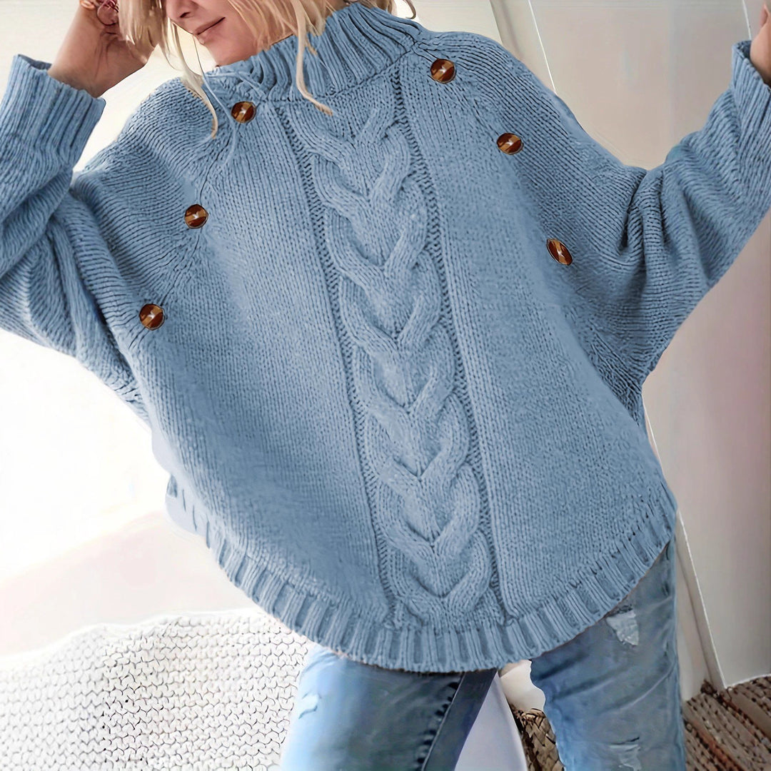 Damen Oversized Strickpullover mit Hochkragen und dekorativen Knopfdetails Heidi-Mode