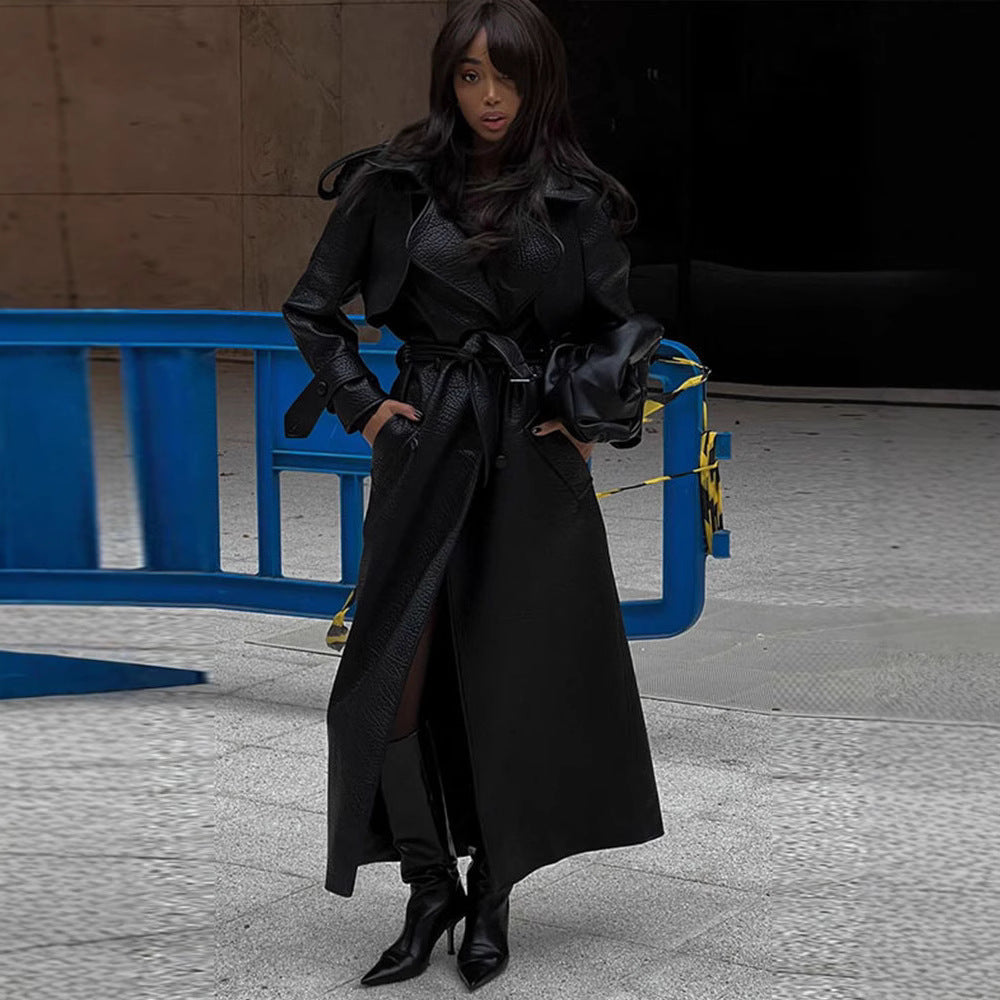 Damen Kunstleder Trenchcoat mit Oberteil und Taillengürtel Heidi-Mode